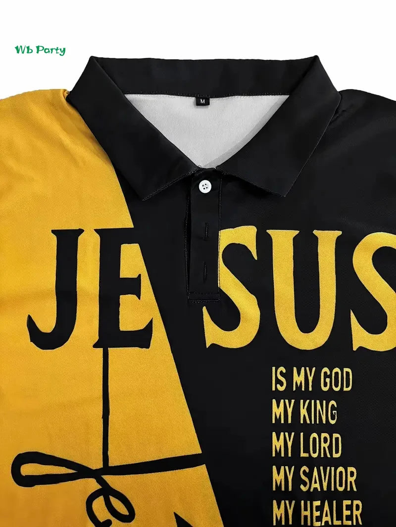 Men's Short Sleeve Lapel Polo Christian Text Printed Colorblocked Shirt Easter Clothing Summer Outdoor Casual Button down Tops