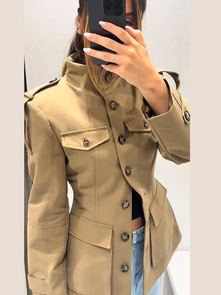 2025 Autumn Stand Collar Long Sleeve Jacket for Women Casual Pockets Solid Female Trench Coats Fashion New Lady Outerwear Street