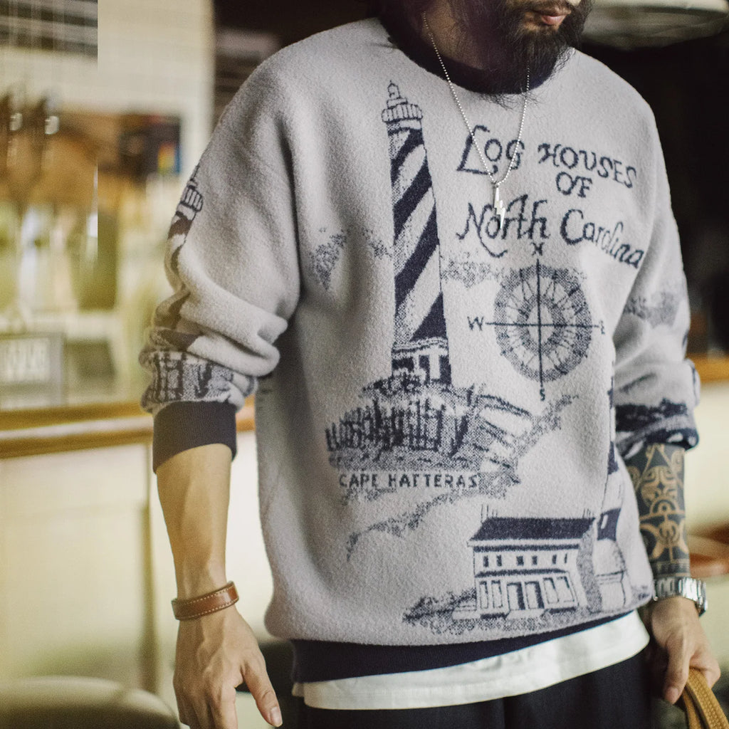 Maden Gray Lighthouse Pattern Crewneck Sweater Heavyweight Warm Soft Knitwear Men's Relaxed Fit Pullover for Autumn Winter