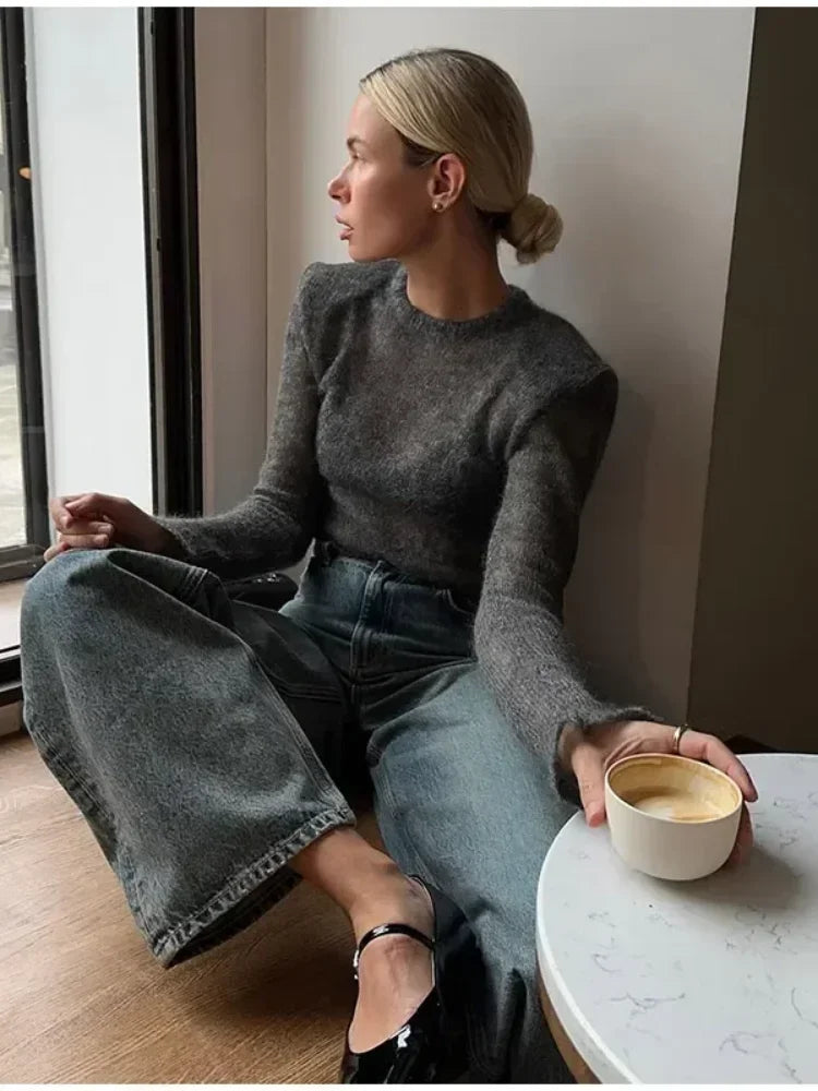 Solid Round Neck Thin Knitted Sweater Women Elegant Long Sleeve Bodycon See Through Pullover 2025 New Autumn Lady Street Outwear