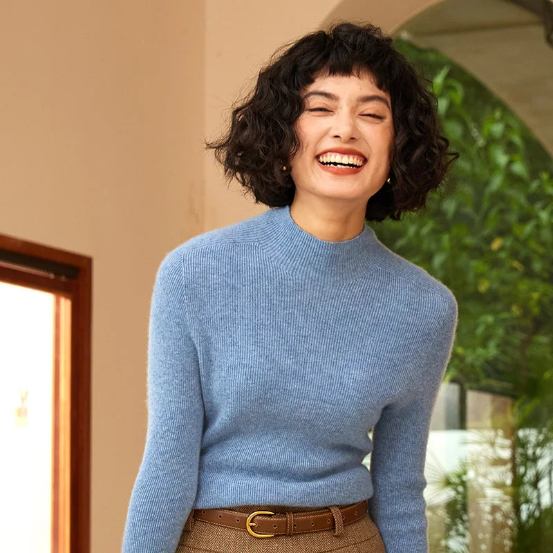 Autumn and Winter New Women's 100% Pure Cashmere Semi High Neck Pullover Sweater Knitted Slim Fit Hot Selling Women's Top