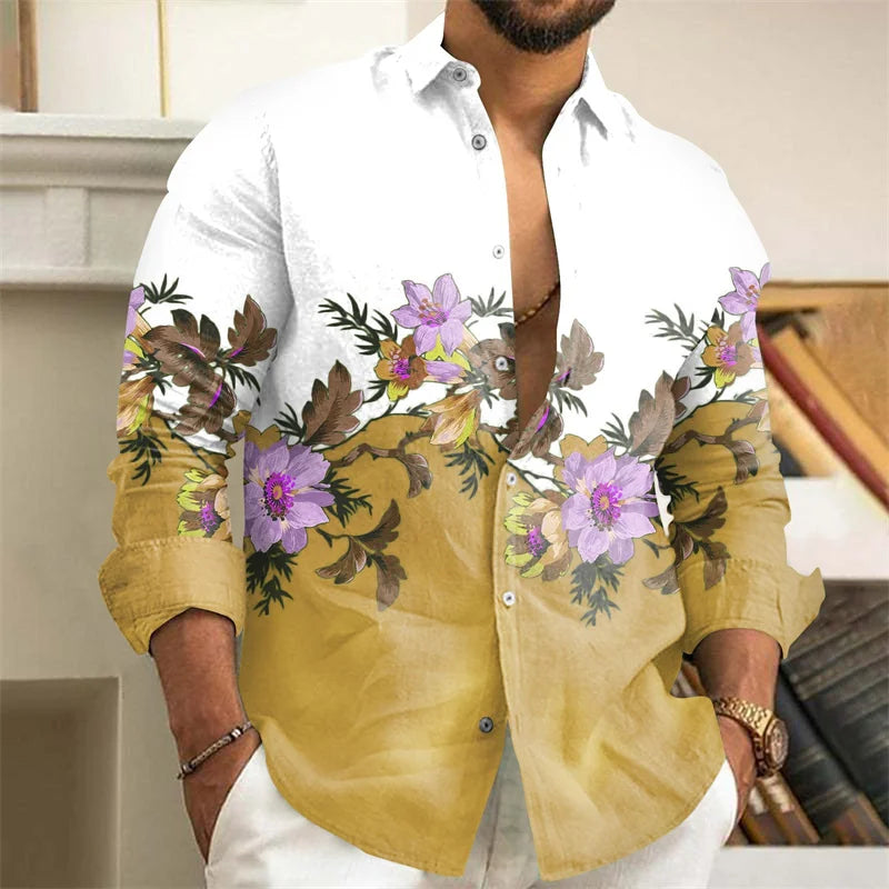 Men's Shirt 3D Floral Print Lapel Long Sleeve Men's Tops Vintage 2025 Street Trend Outdoor Fashion Dress Designer XS-6XL