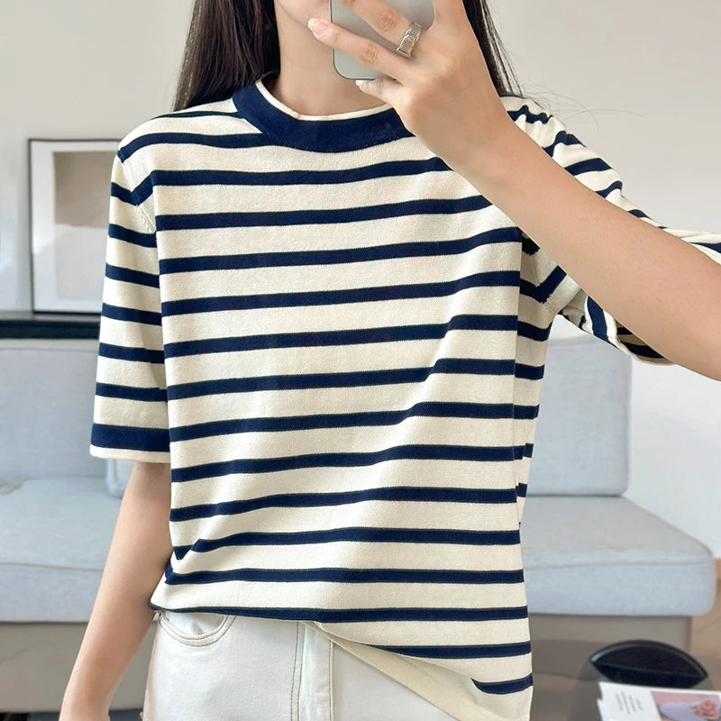 Summer New 100% Pure Cotton Knitted Short Sleeved Casual Women's T-Shirt Round Neck Loose Tees Striped Pullover Tops Cool