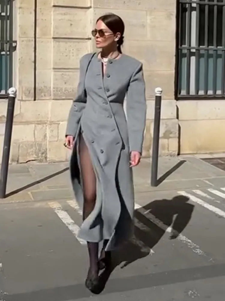 Chic Oblique Buckle Women's Coat O-Neck Side Split Full Sleeve Long Coats Lady 2026 Spring Elegant Female Street Outerwear