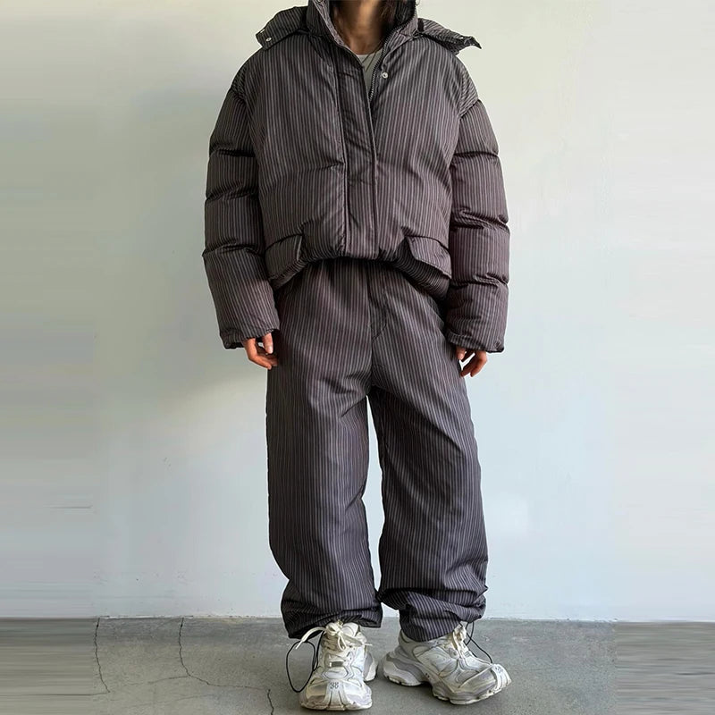 Casual Striped Women's Cotton Coat Trouser Suits Hooded Zippers Thicken Lady Set 2026 Autumn Winter Chic Female Outfits