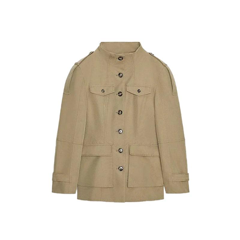 2025 Autumn Stand Collar Long Sleeve Jacket for Women Casual Pockets Solid Female Trench Coats Fashion New Lady Outerwear Street