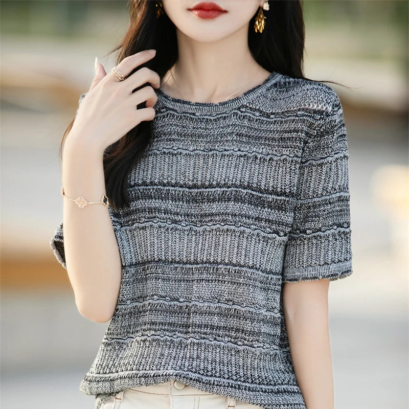 Women's T-Shirt Summer 100% Cotton Sweater Short Sleeve Striped Knitted Round Neck Ladies Tops Loose Blouse Pullover Tees