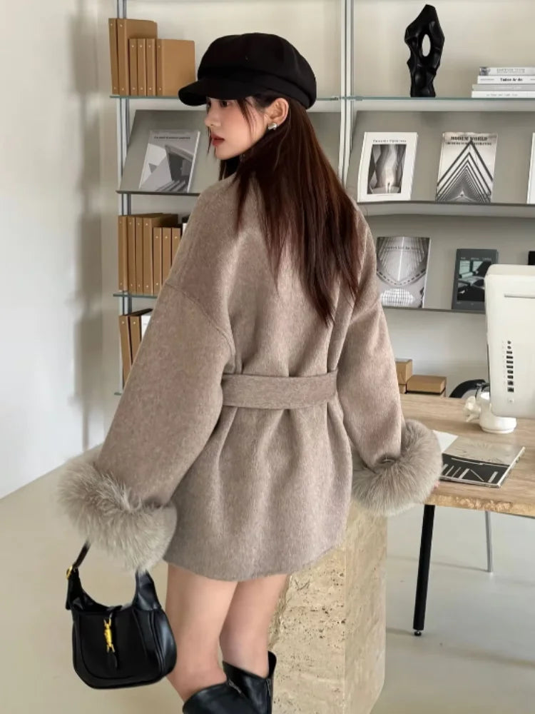 Blue Lace Up Plush Fur Sleeve Jacket Women Elegant Medium Length V-neck Woolen Coat New Autumn Casual Fashion Commuter Outwear