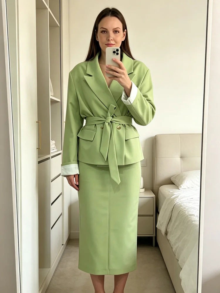 Urban Solid Coat Skirt Women Set Elegant Lapel Long Sleeve Belt Jacket Split Hip Package Skirts 2026 Autumn Winter Lady Outfit