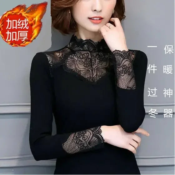 Woman Tshirts Autumn  Winter Lace  Women's Long Sleeve Turtleneck Stretch T-shirt Tops Mujer Camisetas