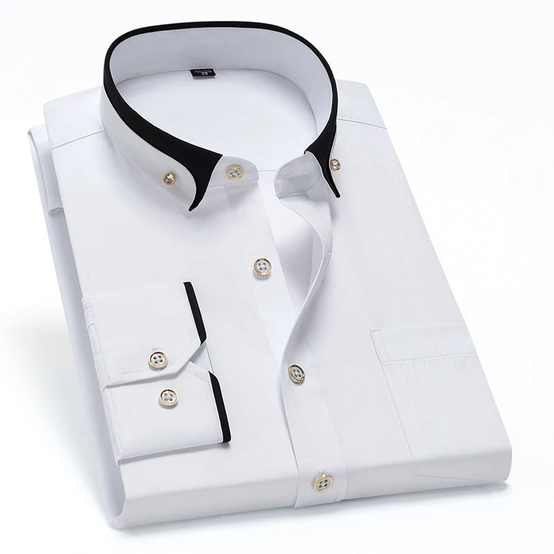 New Men's Business Shirt Long Sleeve Spring Autumn Contrast Collar Paired With Diamond Anti Wrinkle Buttoned Pink For Wedding