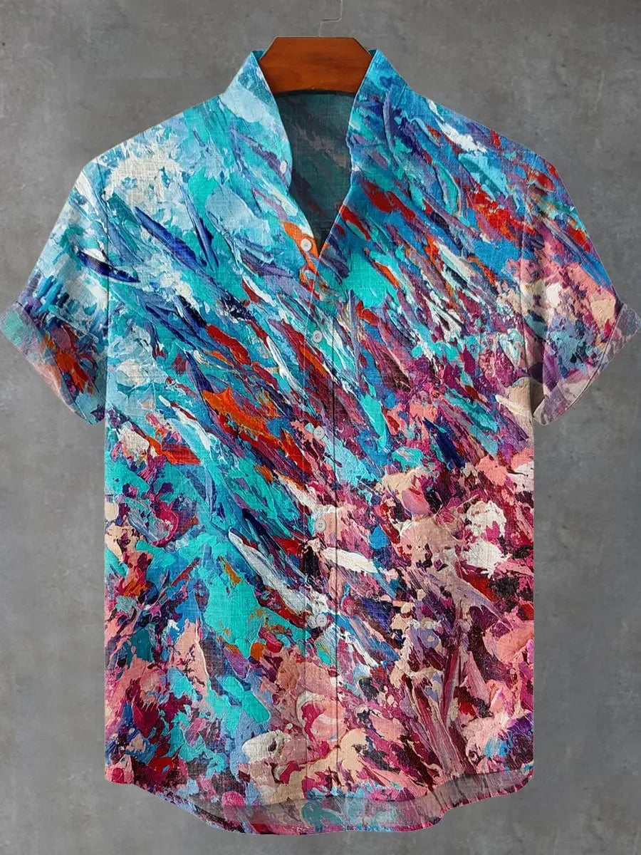 New Men's Casual Short-Sleeved Lapel Shirt with 3D Sunset Print Fashionable Pattern Comfortable Shirt Top
