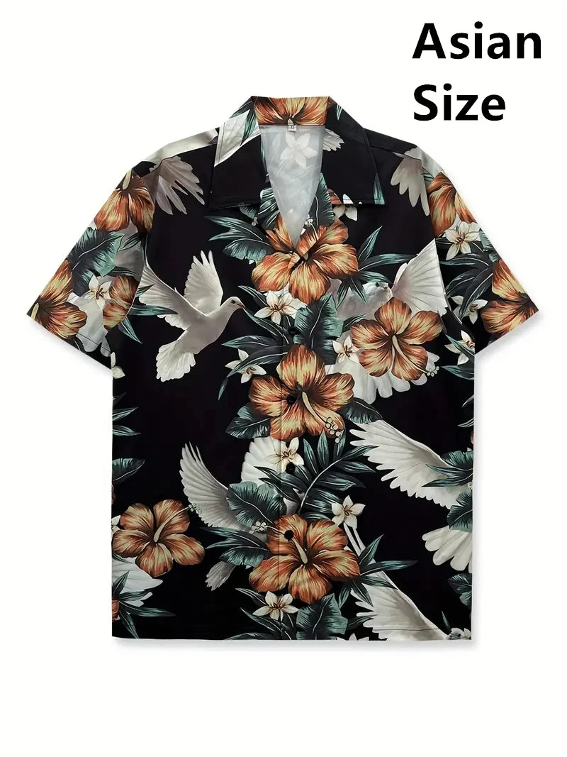 Tropical Coconut Tree Pattern Men's Short Sleeve Button Down Lapel Shirt For Summer Resort Holiday Hawaiian Style Oversized Tops