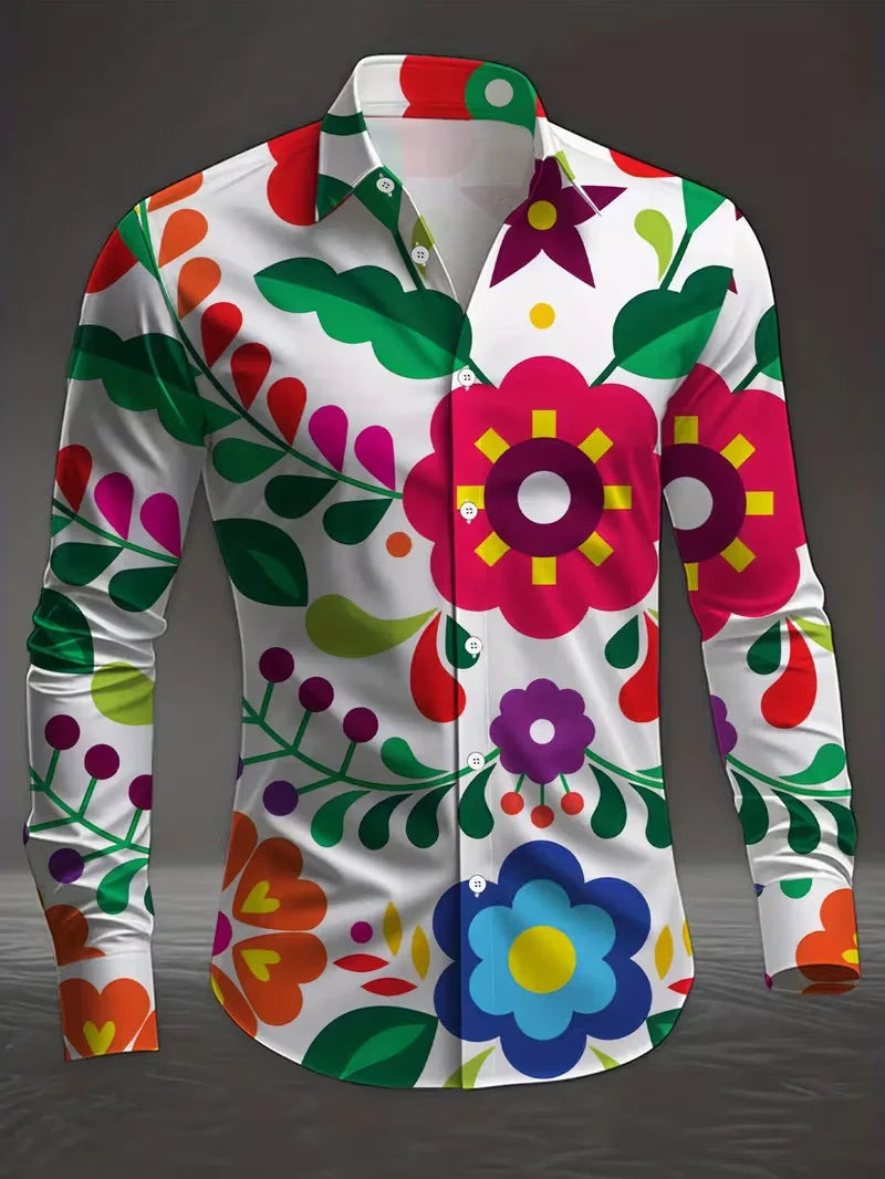 New retro square casual shirt men's abstract printed shirt long sleeved fashionable street shirt design clothing