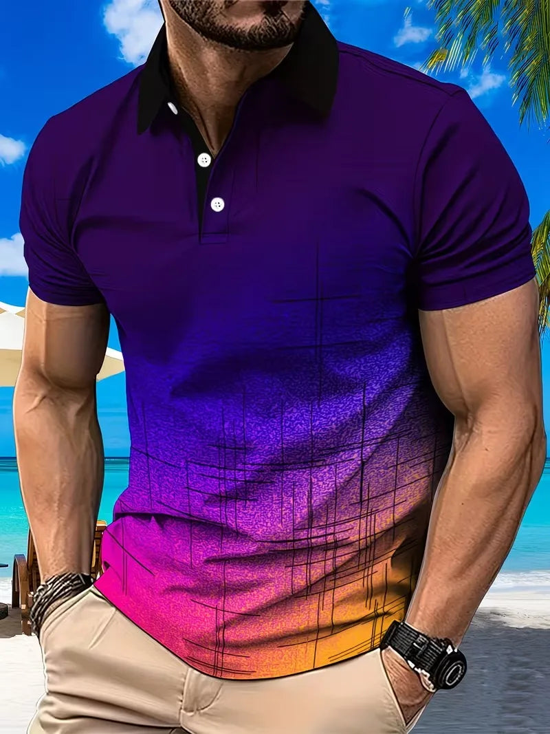Men Gradient Design 3D Printing Golf Sports Polo Shirts Short Sleeve Polo Casual Athleisure Buttons Spring Summer Men's Clothing