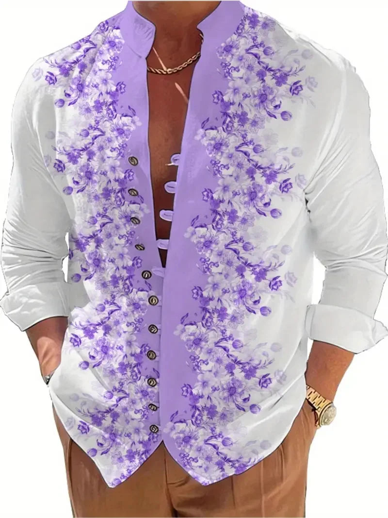 New Spring Autumn Casual Shirt Loose Men's Flower Long Sleeve Shirt Button Shirt Vintage Top