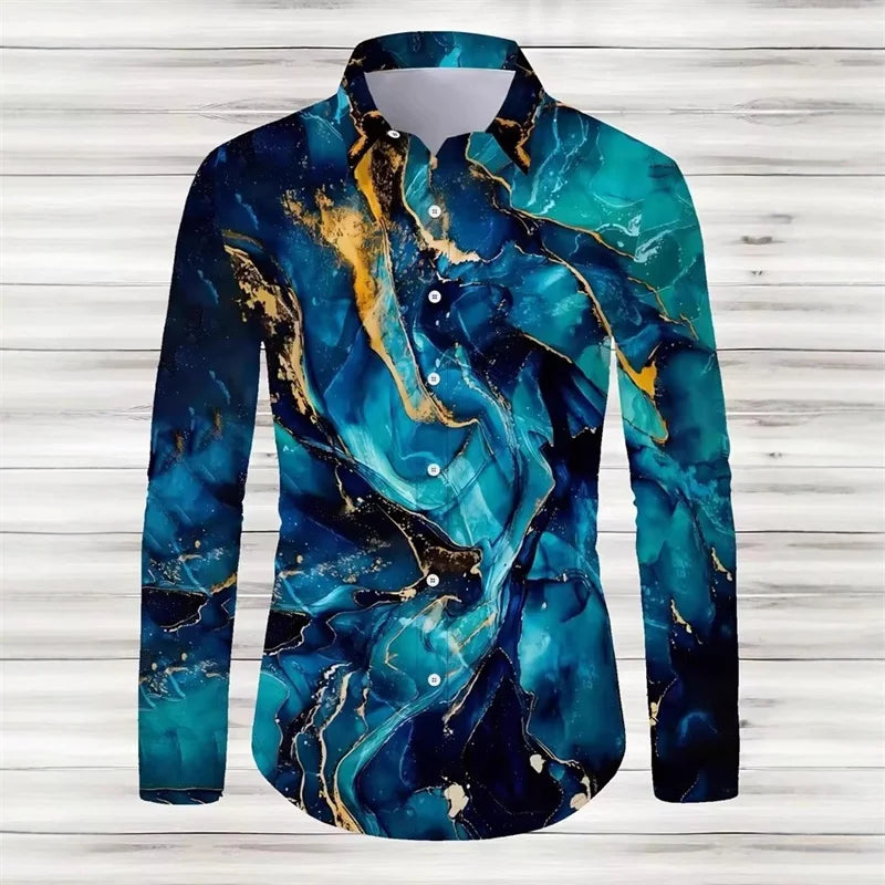 Men's blue and gold marble print long-sleeved shirt. Fashionable casual design, slim fit for banquets and business suits. XS-6XL
