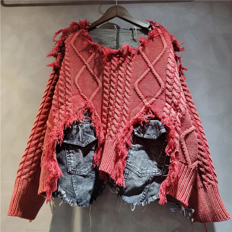 2025 Autumn New Denim Patchwork Knitted Pullover Sweater for Women, Loose Slimming Washed Vintage Top Trendy