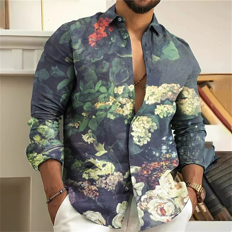 Men's Shirt 3D Floral Print Lapel Long Sleeve Men's Tops Vintage 2025 Street Trend Outdoor Fashion Dress Designer XS-6XL
