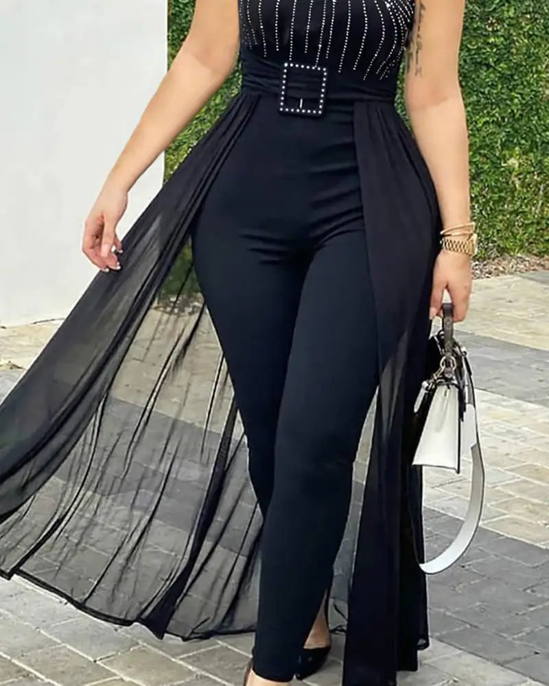 2025 Fashionable and elegant Women's Sexy Round Neck Rhinestone Sheer Mesh Sleeveless Jumpsuit With Belt Party Club Jumpsuit