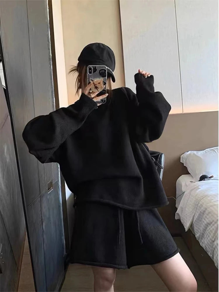 Korean Lazy Style Women's Set Autumn/Winter New Sheep Wool Loose O- Neck Long Sleeve Sweater High Waist Knit Shorts 2-piece Suit