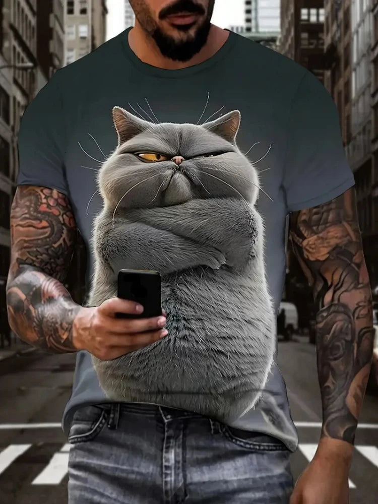 Cute Fat Cat Men's T Shirt Animal 3D Print Casual Short Sleeve Funny T Shirts Fashion Streetwear Round Neck Oversized Clothing