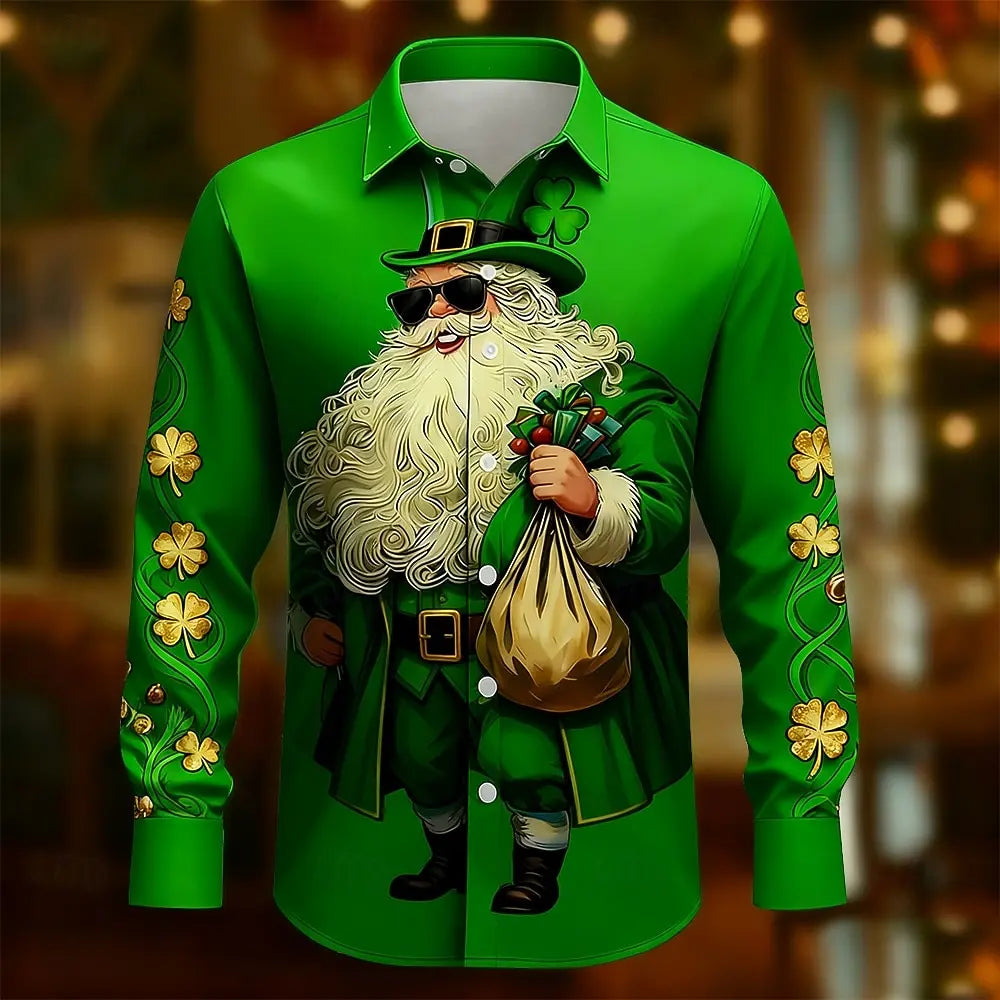 St. Patrick's Day Men's Four Leaf Clover Gold Coin Saint Patrick Shirt Button Up Shirt Long Sleeve Vintage Retro Shirts for Men