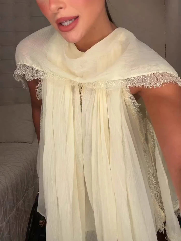  Elegant Ribbon Chiffon Shirt Women's Lace Patchwork Sleeveless Tops 2026 Spring Summer New Female Versatile Blouses Clothes
