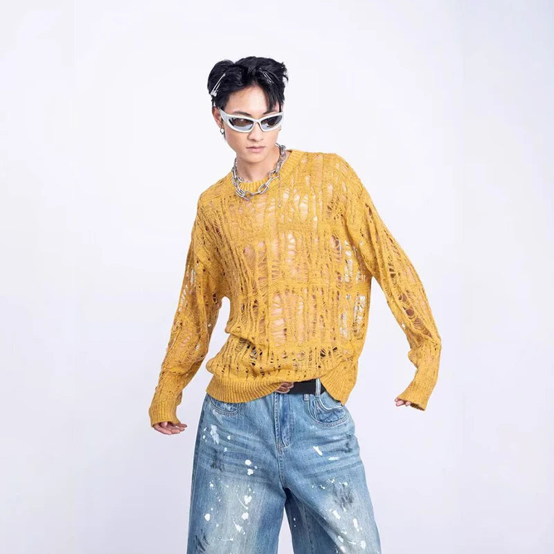 Vintage Ripped Hollow Out Mesh Knit Sweater Men Autumn Streetwear Fashion Crew Neck Long Sleeve Knitted T Shirt Men’s Clothing