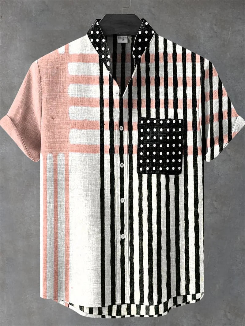 New Men's Striped Linen 80% Short Sleeve Shirt 3D Music Printed Comfort Button Shirt Hawaiian Shirt