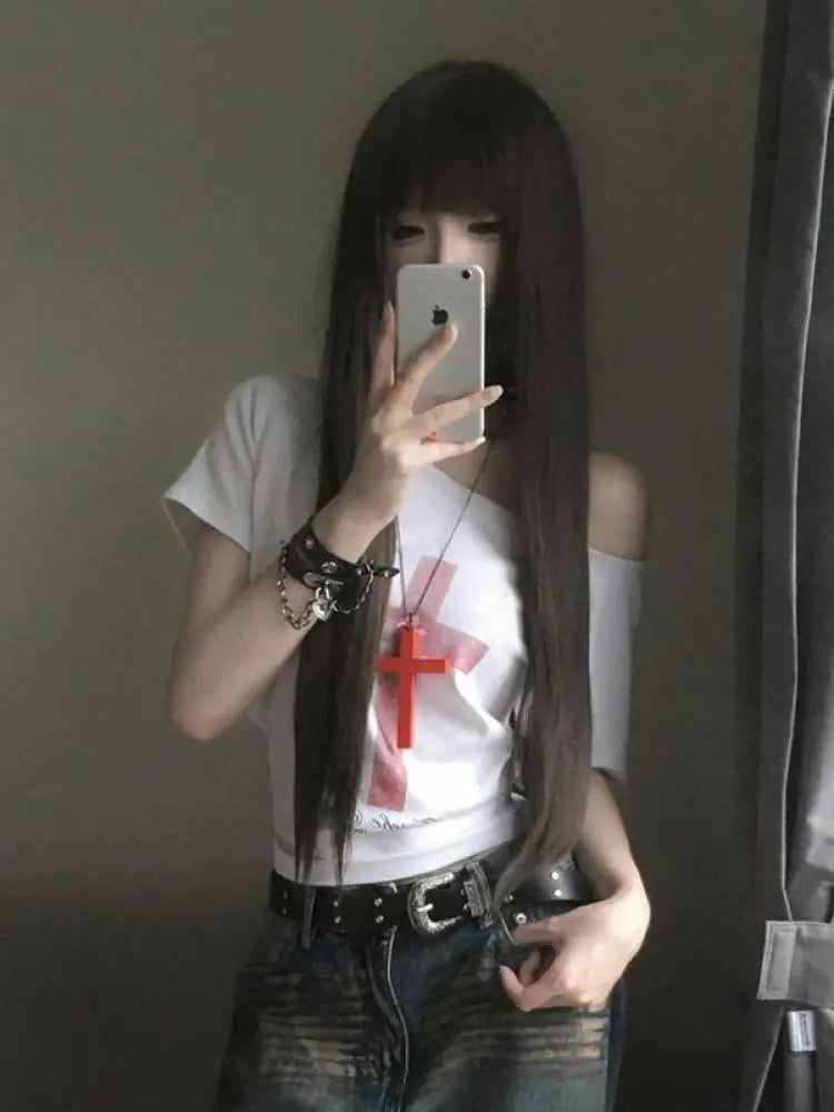 Seeslim Gothic Off Shoulder Cross Graphic T Shirts 2000s Clothes Y2k Short SLeeve Tees Female Clothing Goth Summer Tops T-shirt