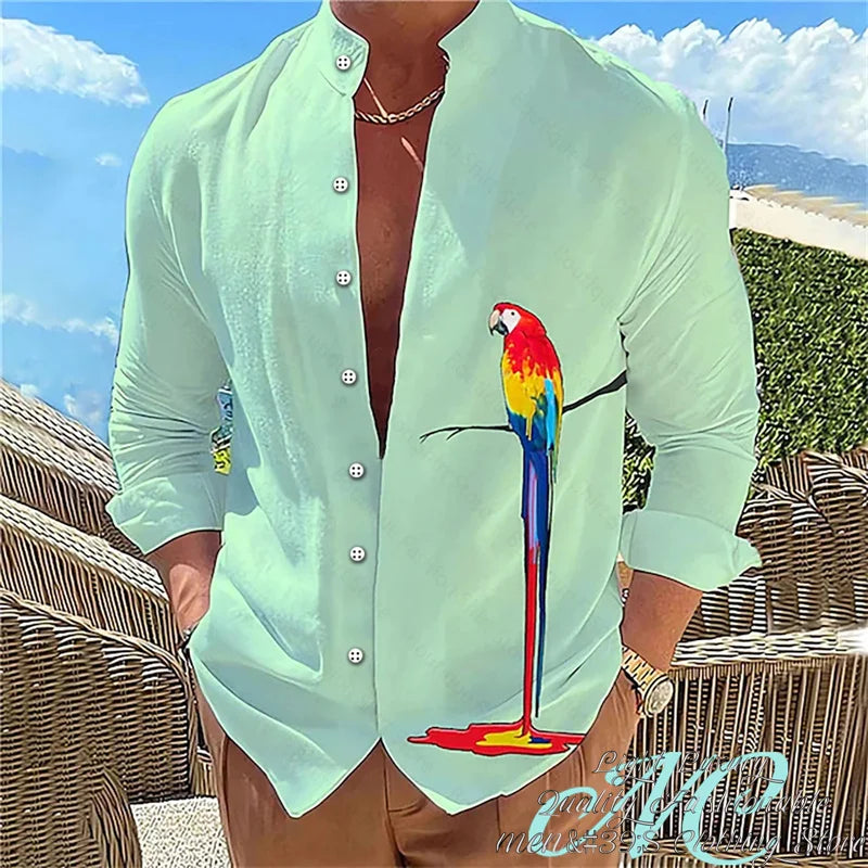 15 Color Men's Shirt Long-Sleeved Shirt 3D Printing Parrot Pattern Standing Collar Clothing Fashion Casual XS-6XL Size