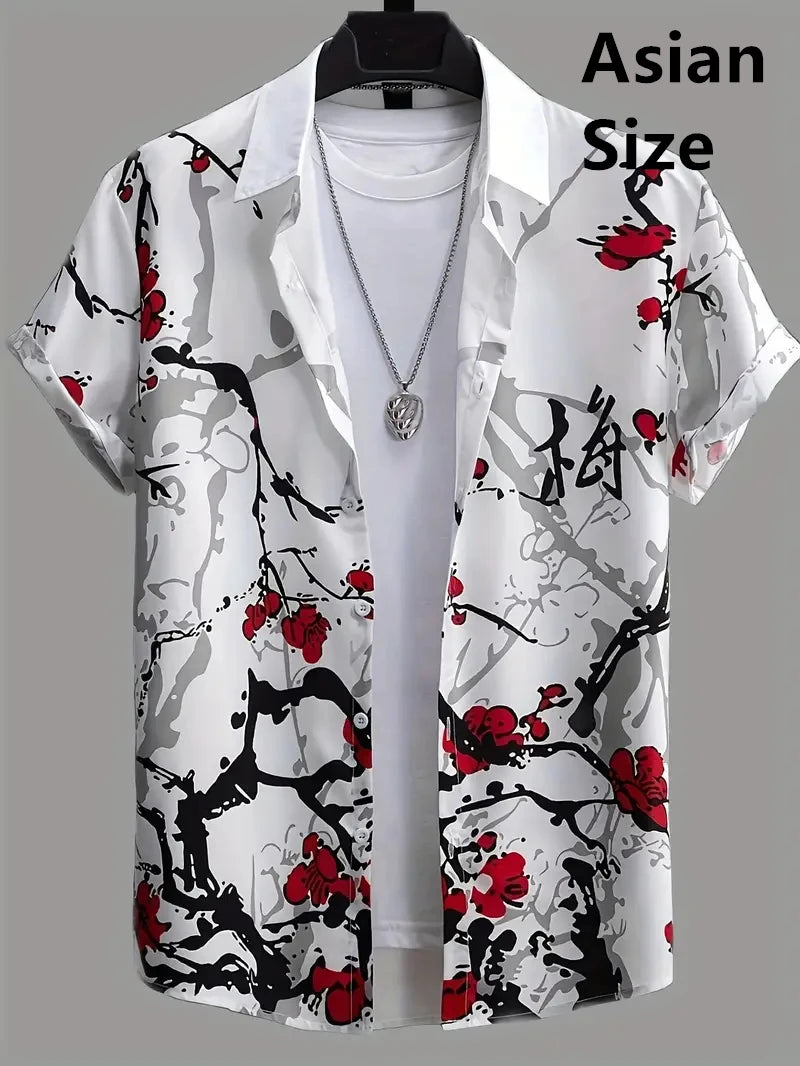 Tropical Coconut Tree Pattern Men's Short Sleeve Button Down Lapel Shirt For Summer Resort Holiday Hawaiian Style Oversized Tops
