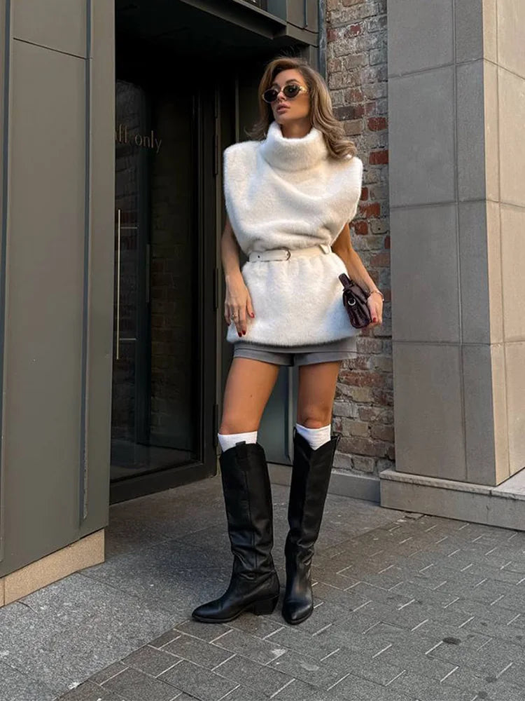 Turtleneck Women's Faux Fur Vest Solid Waist-Closed  Lady Jackets With Belt 2025 Autumn Winter Chic Female Street Outerwear