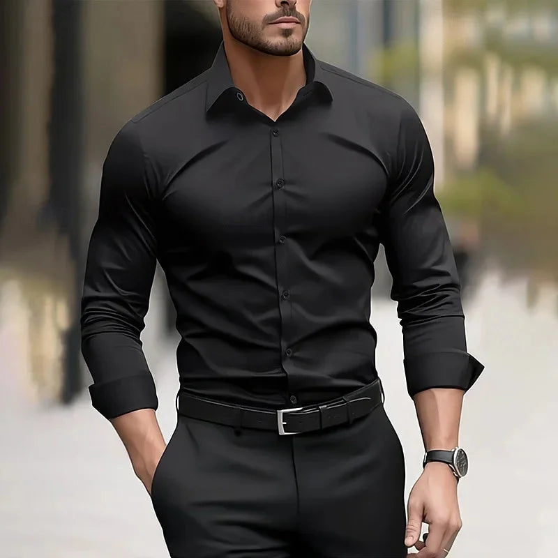 Solid Color Men's Shirt Casual White Shirt, High Quality Solid Color Long Sleeve Stretch Fabric, Business Formal Shirt, XS-6XL