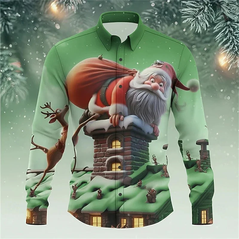 Christmas men's reindeer bell fun Christmas shirt long-sleeved button shirt Christmas gift autumn and winter collar shirt