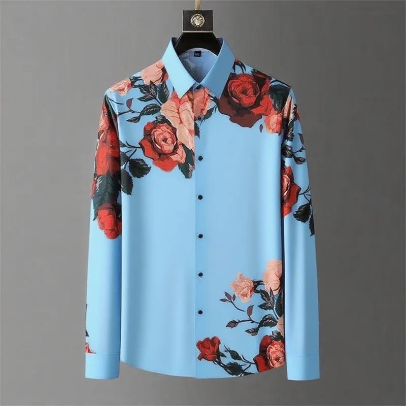 12 Colors Men's Vintage Floral Print Long Sleeve Shirt Spring Daily Going Out Clothing High Quality Luxury Print Lapel Shirt 6XL