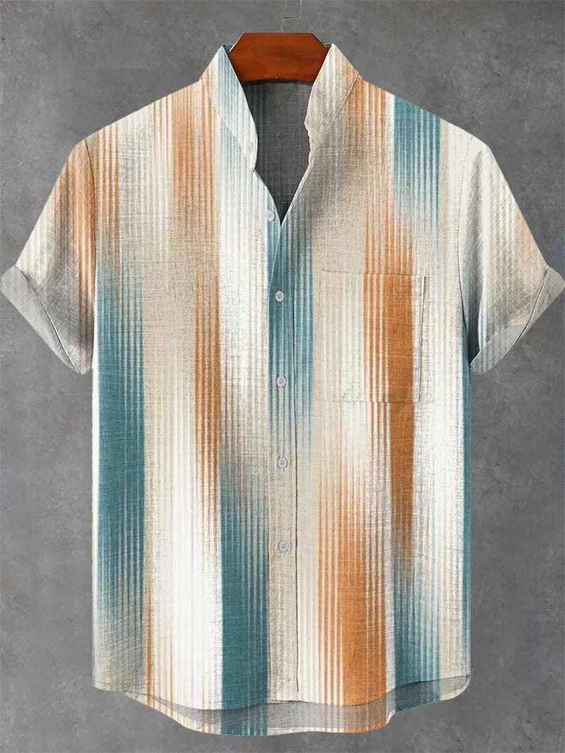 New Men's Striped Linen 80% Short Sleeve Shirt 3D Music Printed Comfort Button Shirt Hawaiian Shirt