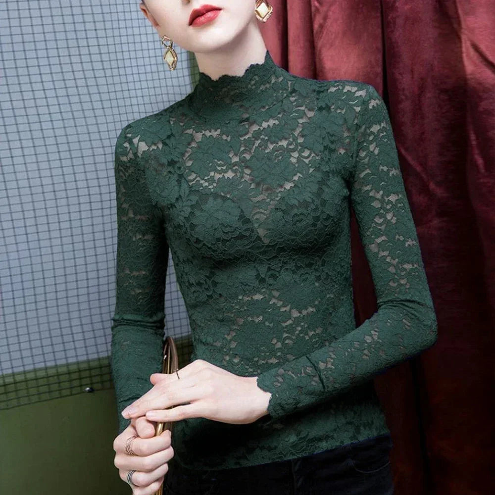 Stretch Flowers Lace T Shirt Women Turtleneck Petal Sleeve Shirts Girl S-3XL Pink Green Black Blusas Top Ladies Mujer De Moda