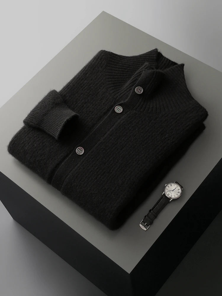 Luxury 100% Cashmere Cardigan for Men Mock Collar Thickening Sweater Autumn Winter Knitted Coat Soft Clothing Smart Casual Top