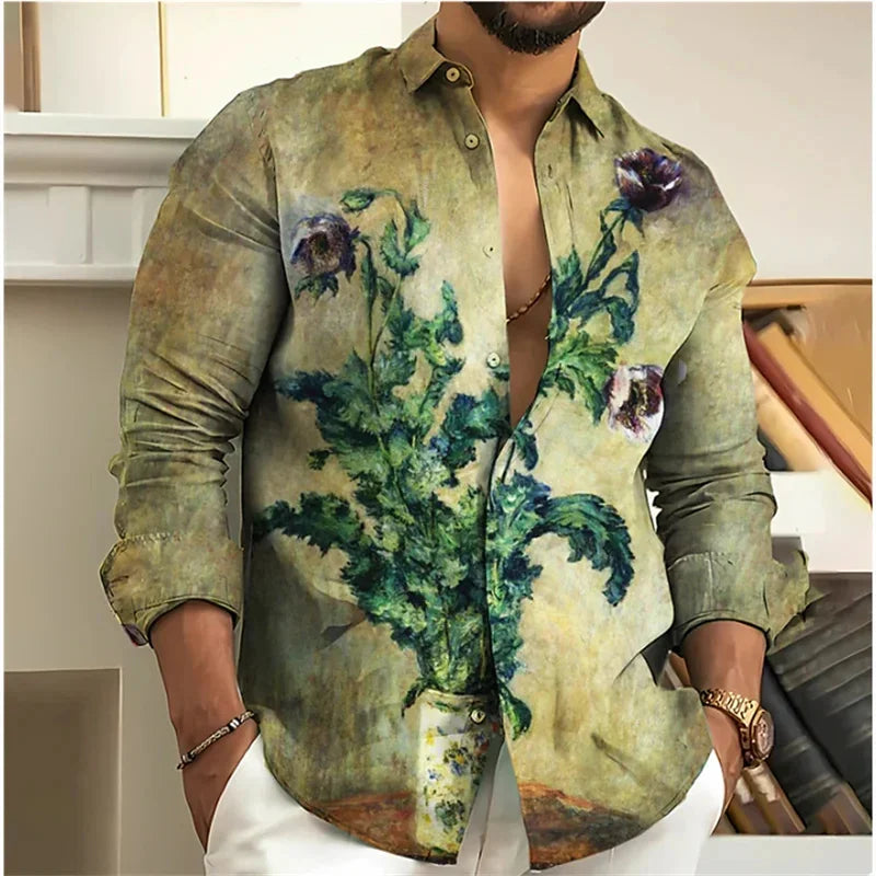 Men's Shirt 3D Floral Print Lapel Long Sleeve Men's Tops Vintage 2025 Street Trend Outdoor Fashion Dress Designer XS-6XL