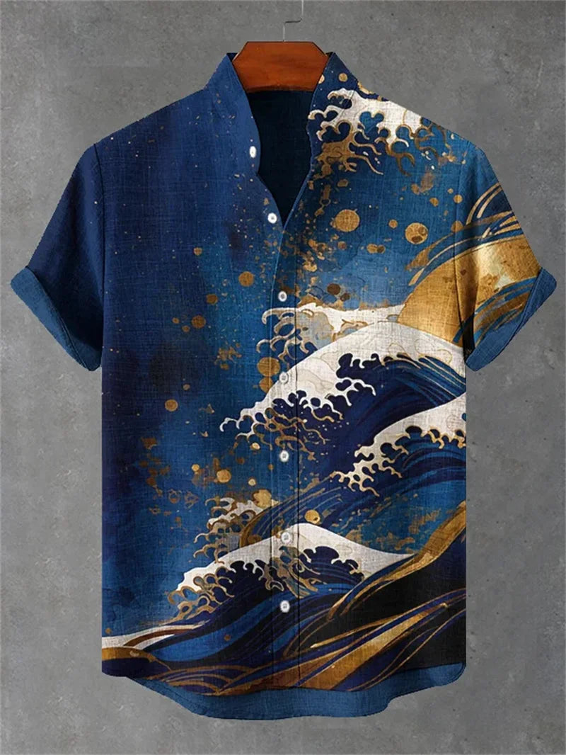 New Men's Linen Short Sleeve Shirt Vintage 3D Wave Octopus Printed Wave Button Shirt Men's Casual Top Shirt