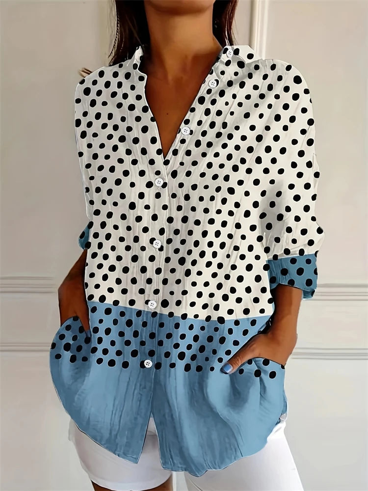 New Summer Fashion Women's Lapel Shirt Big Size Button Long Sleeve Daily Weekend V Neck Tops Floral Printed Loose Casual Shirt