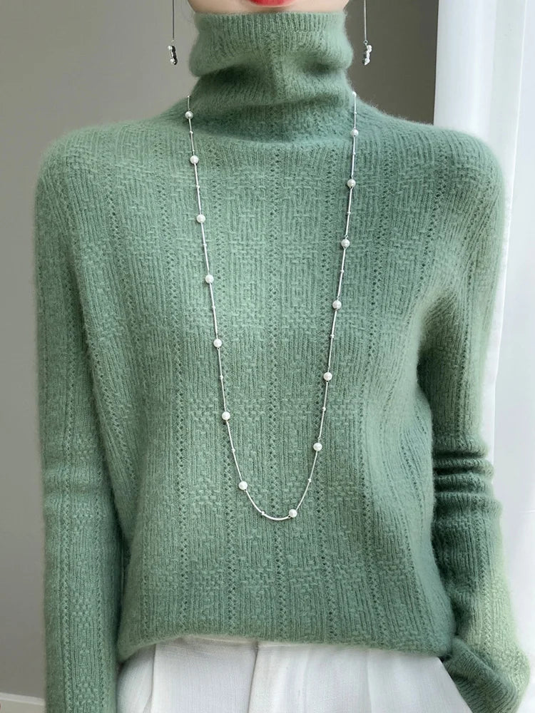 100% Wool Cashmere Sweater Women Turtleneck Long Sleeve Tops Knitted Pullovers Autumn Winter Casual Loose Clothing Warm Jumper