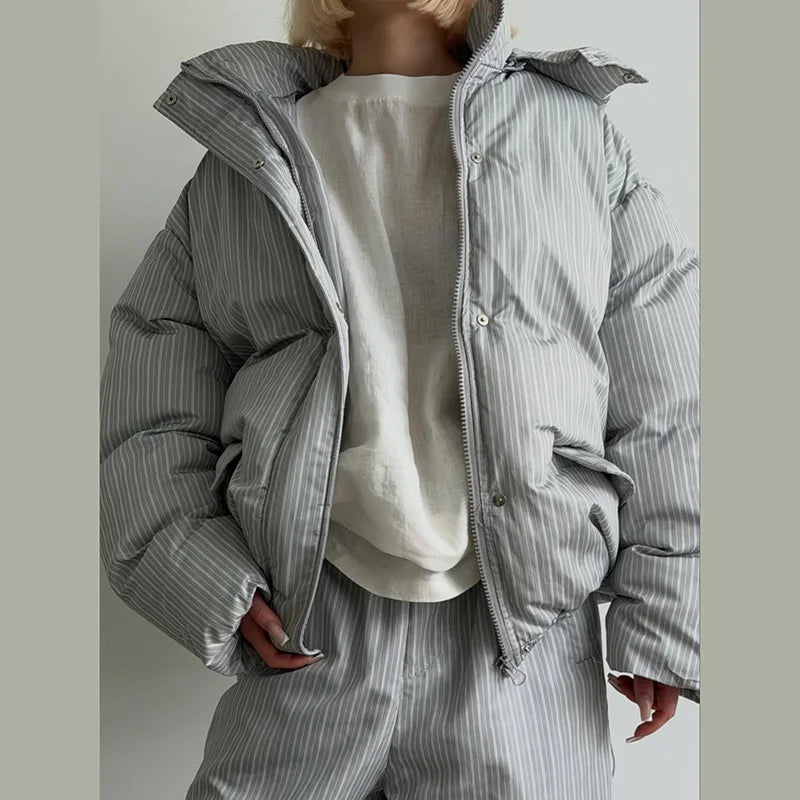 Casual Striped Women's Cotton Coat Trouser Suits Hooded Zippers Thicken Lady Set 2026 Autumn Winter Chic Female Outfits