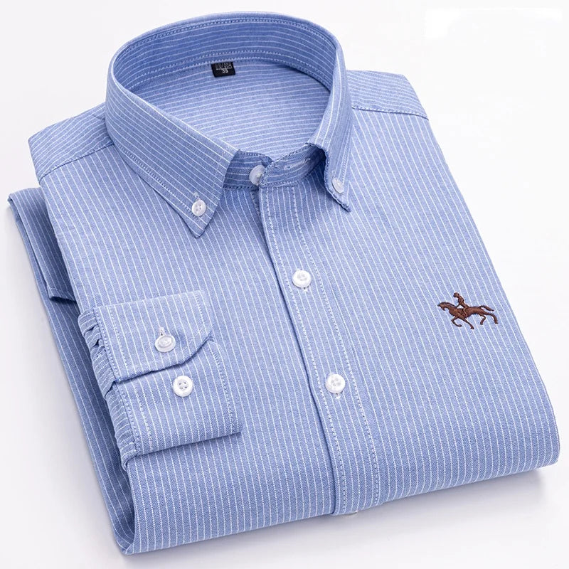 2024 new autumn men's long-sleeved plaid striped100% cotton Oxford spinning chest embroidery regular fit button work shirt S~6XL