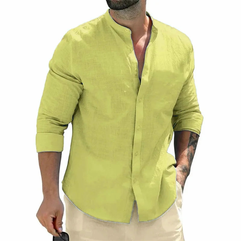 Men's shirt, long-sleeved shirt, solid color, round neck, single-breasted shirt, outdoor casual business office clothing, large