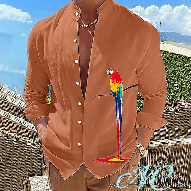15 Color Men's Shirt Long-Sleeved Shirt 3D Printing Parrot Pattern Standing Collar Clothing Fashion Casual XS-6XL Size