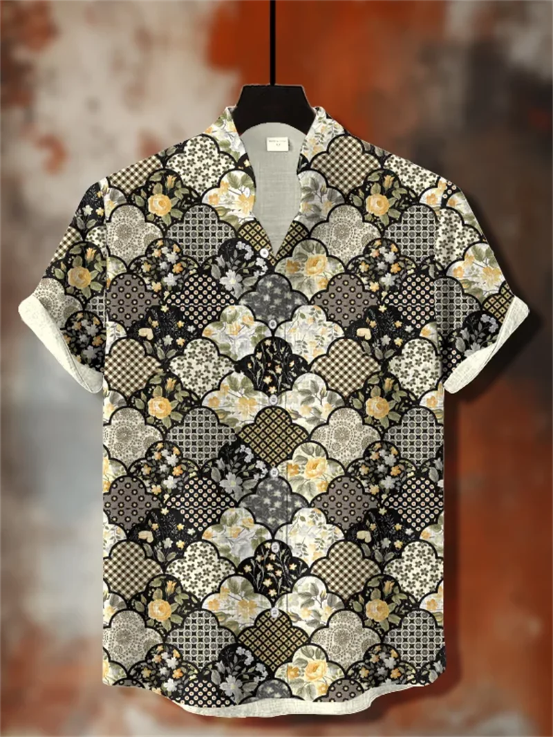 Men's New Comfortable Linen Short-Sleeved Shirt with 3D Salted Fish Print Pattern Button-Up Short-Sleeved Top