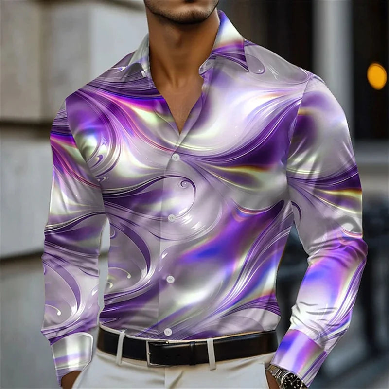 Men's blue and gold marble print long-sleeved shirt. Fashionable casual design, slim fit for banquets and business suits. XS-6XL